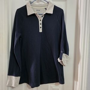 Duluth Trading Co Navy and Cream Button Down Shirt